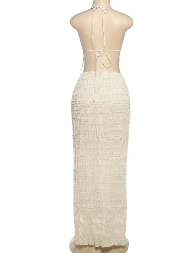 Weird Puss Mesh Backless 2 Piece Set Women Halter Lace-Up See Through Crop Tops+Loose Elegant Long Skirts Vacation Trend Outfits