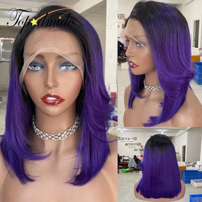 Topodmido Ombre Lila Kurze Haare Perücke mit vorgezupftem Haaransatz Peruanisches Haar Bob Spitzenperücken mit dunklen Ansätzen Spitzenperücken