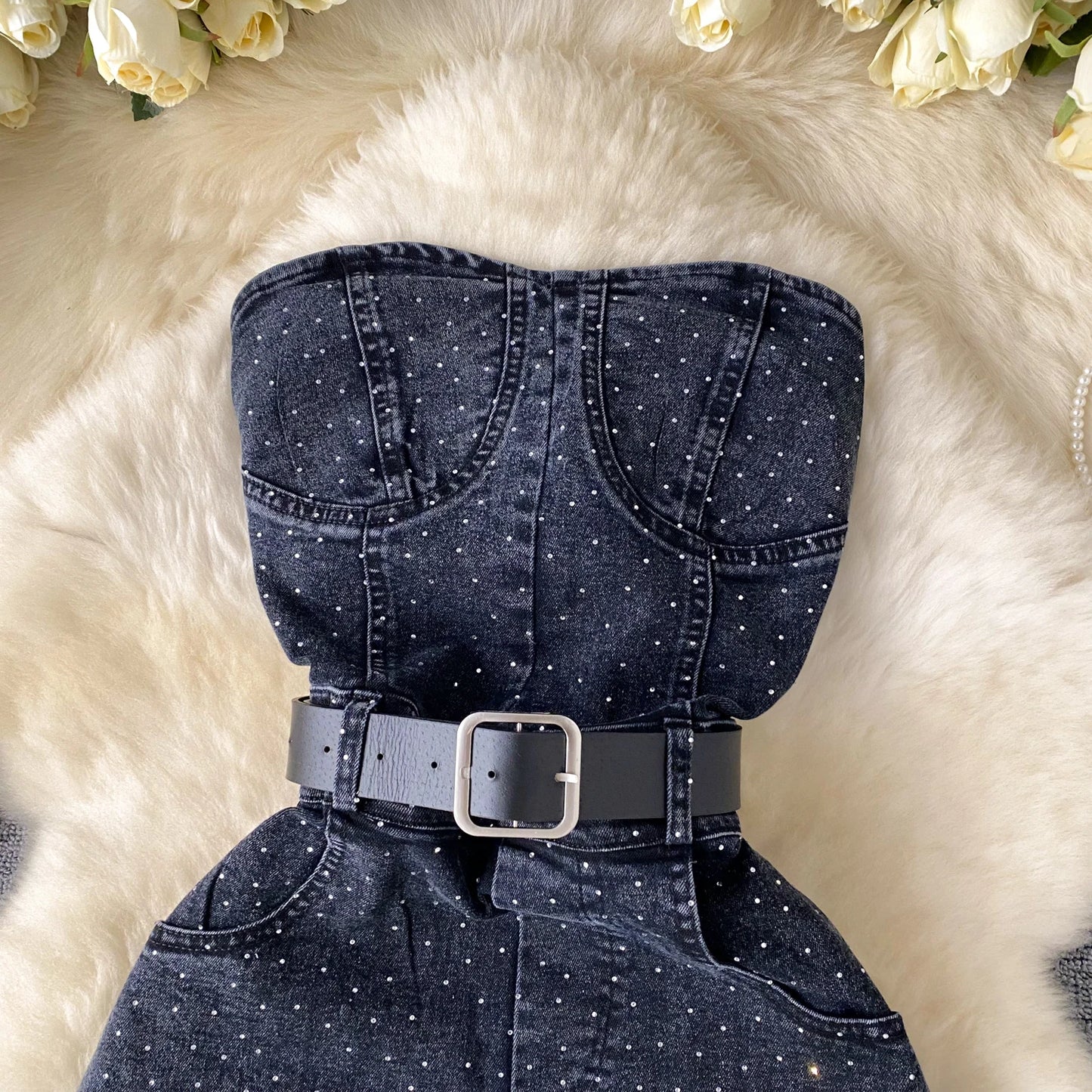 Damen Jeans Jumpsuit Sommer Playsuit Mode Hot Drill Hoher Bund Schmal Ärmellos Trägerlos Gürtel Outfits