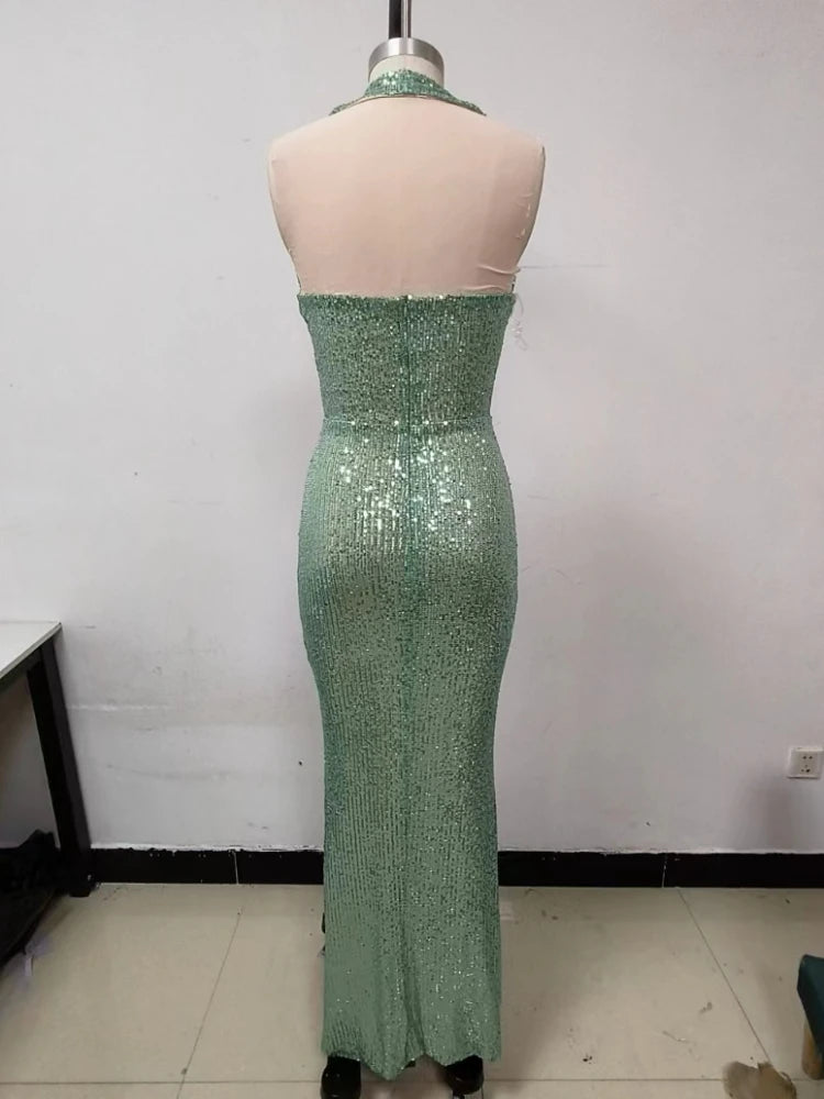 Sexy Neckholder Maxikleid mit tiefem V-Ausschnitt, Pailletten, Damen, Grün, Ärmellos, Rückenfrei, Pailletten, Schlankes langes Kleid, Celebrity Partykleider