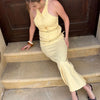 TRAFZA Women Fashion Suit Yellow V-Neck Sleeveless Belt Sngle Breasted Tops+High Waist Pocket Belt Long Skirts Female Summer Set