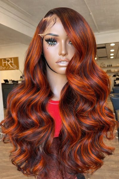 100% Human Hair 4/350 Highlight Ombre Body Wave 13x6 Lace Front Wig Ginger Orange Brown Colored Water Wave 13x4 Lace Frontal Wig