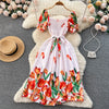YuooMuoo Fashion Sommer Blumenmuster Langes Kleid Damen Vintage Eckiger Ausschnitt Geraffte Brust Schärpe Bandage Sundress Party Kleider