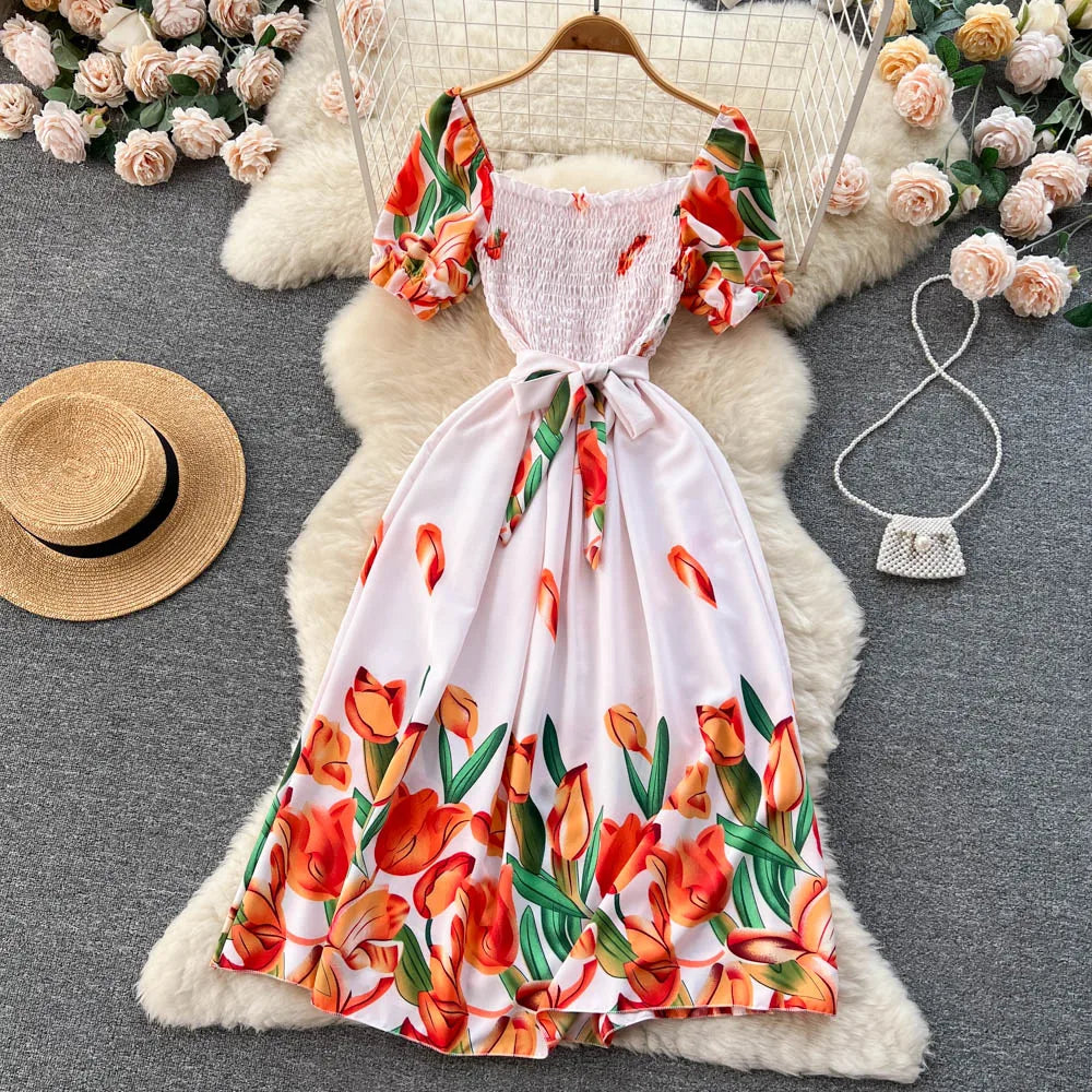 YuooMuoo Fashion Sommer Blumenmuster Langes Kleid Damen Vintage Eckiger Ausschnitt Geraffte Brust Schärpe Bandage Sundress Party Kleider