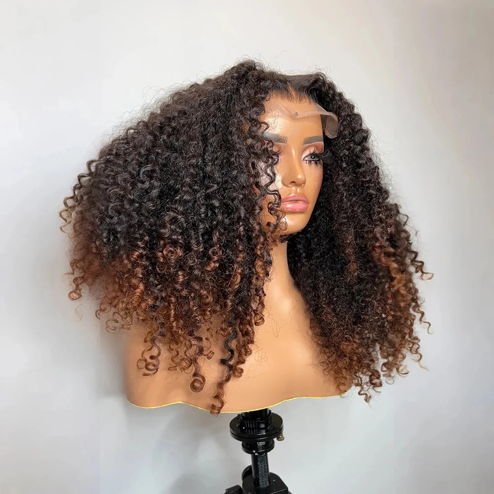 Ombre Brown Wear Go Human Hair Wigs Pre-Styled Layered Cut Kinky Curly Wig HD 7x5 Glueless Pre-Cut Wig for Quick Installation