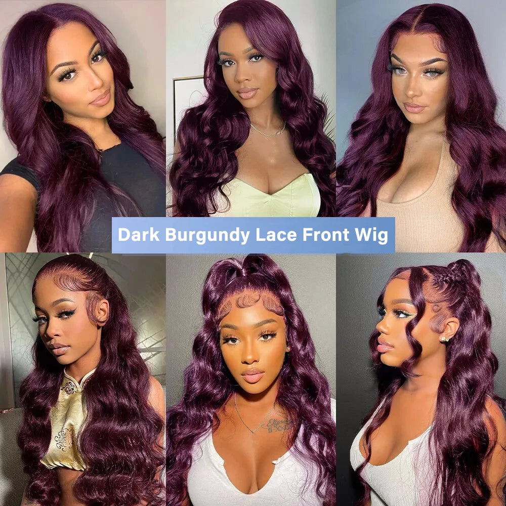 200% Density 13X6 Dark Purple Colored Body Wave Lace Front Wigs Pre Plucked Glueless 13x4 Long Wavy Lace Frontal Wigs For Women