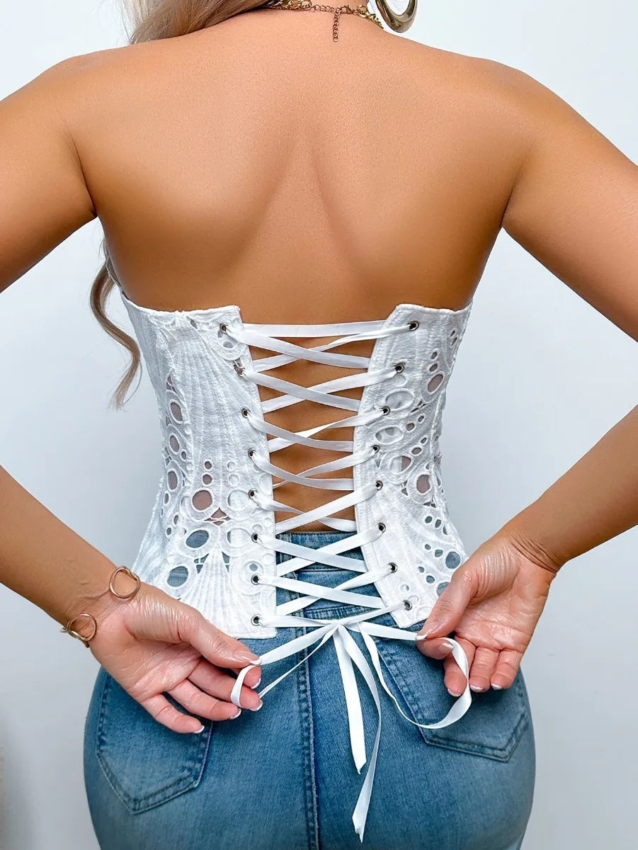 SsTss American Court Corset Sheer Mesh Breathable Corset Sexy Top Hollow Irregular Lace Double Layer Shapewear Chic Camis Top