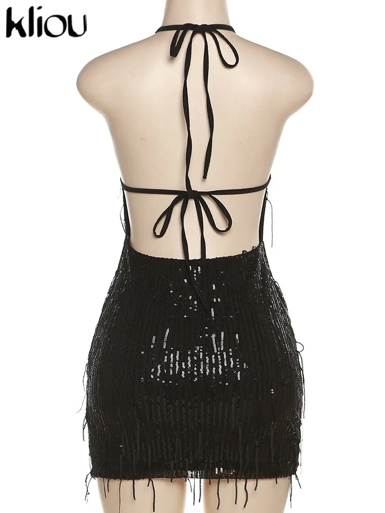Kliou Tassel Patchwork Shiny Mini Dress Women Halter Bandage Stunning Backless Sleeveless Skinny Vestido Female Party Clubwear