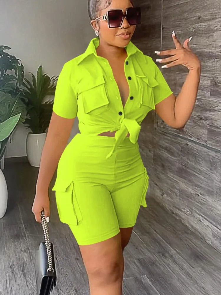 Women Two Piece Shorts Set Outifit Summer Fashion Solid Turn-Down Collar Short Sleeve Shirts Top & Casual Pocket Streetwear Sets