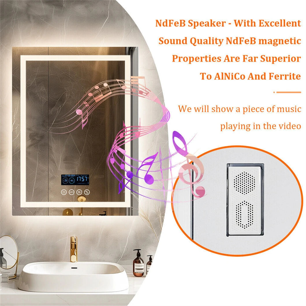 Intelligenter LED-Badezimmerspiegel, rechteckiger Wandspiegel mit Bluetooth-Lautsprecher, Uhrzeit, Temperatur, Lichtspeicher, Front- und Hintergrundbeleuchtung, Antibeschlag