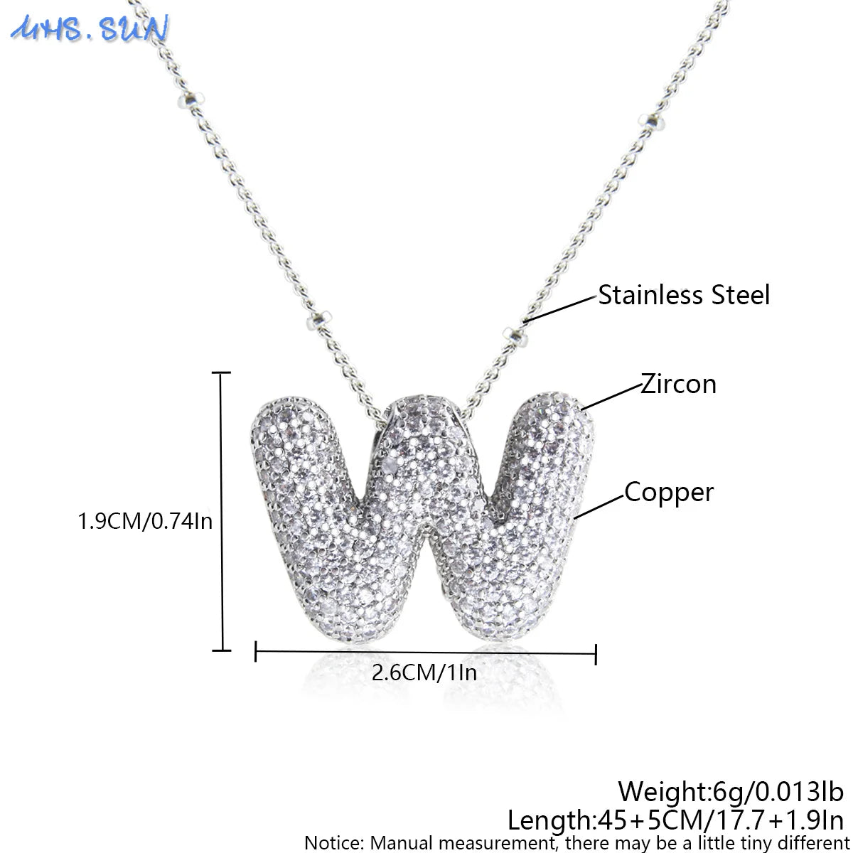 MHS.SUN Hochwertige Bubble Initialenkette Buchstabe A-Z Silberfarbene Zirkon 26 Initialen Ballon Anhänger für Damen Herren Schmuck