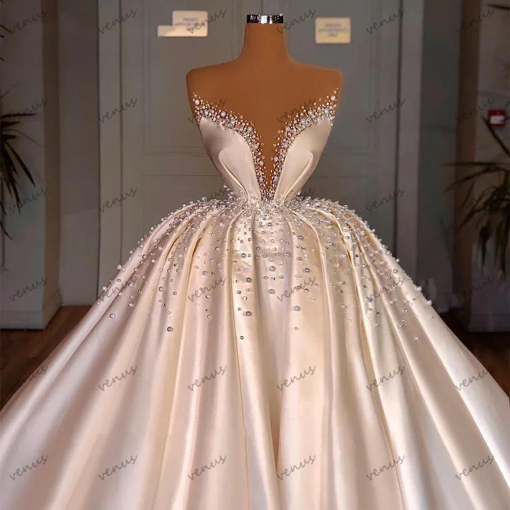 Exquisite Wedding Dresses Princess Ball Gowns Pearl Decorate V-Neck A-Line Bridal Gowns Luxury Vestidos De Novia Customized