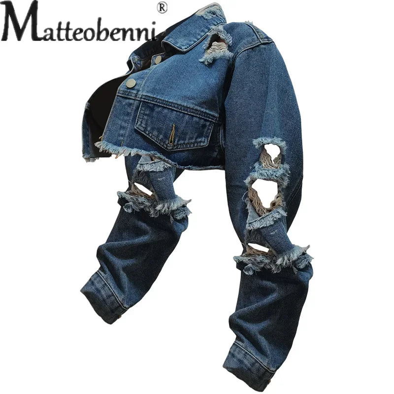 Fashion Zerissene Löcher Langarm Kurze Jeansjacke Damen Trend Streetwear Freizeit Oberbekleidung Damen Doppelknopf Splicing Mantel