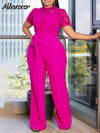 Mlaiscsr Elegant White Jumpsuits with Sashes Club Outfit for Women Lace Patchwork Short Sleeve Birthday Party One Piece Rompers