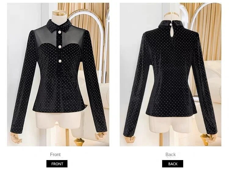 Black Vintage Doll Collar Polka Dot Gold Velvet Top Women's Autumn and Winter Gauze Splicing Perspective Sexy T-shirt