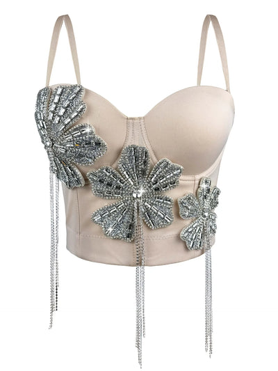 3Colors Women Fashion Diamonds Embroidery Flowers Tassel Bustier Corset Crop Tops To Wear Out Evening Club Party Camisoles Top