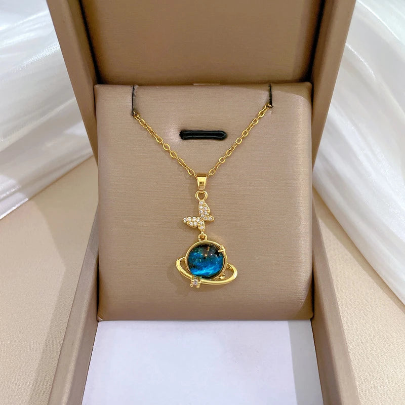 Stainless Steel Zircon Planet Star Pendant Necklace For Women Elegant Aesthetic Clavicle Chain Necklace Jewelry Party Gift