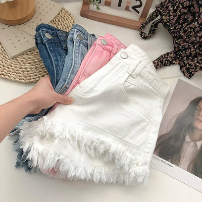 ITOOLIN Damen Vintage Quasten Denim Shorts Knopf Loose High Waist A-Linien Jeans Shorts Lässige Damenhosen Büro Streetwear