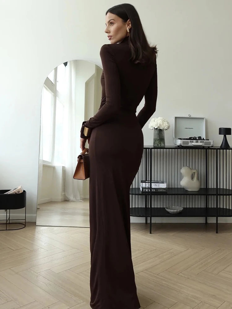 Mozision Rollkragen Oberschenkelhohes Schlitz Sexy Maxikleid für Damen Mode Langarm Drapierte Bandage Bodycon Club Langes Kleid