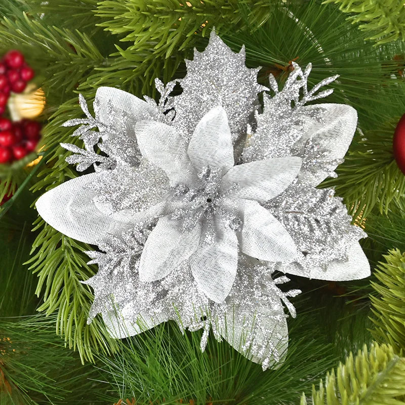 3/10Stück 14cm Weihnachtsblumen Glitzer Rot Gold Blütenkopf Weihnachtsbaumschmuck Neujahrsdekorationen für Zuhause Navidad Noel Geschenke