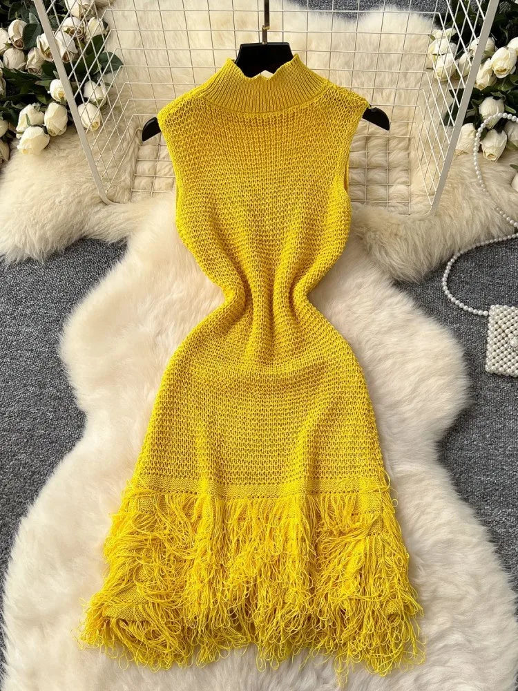 Joskaa 2025 Summer Women Elegant Round Neck Sleeveless Tassels Hem Bodycon Mini Knitted Dress Holiday Beach Party Clubwear