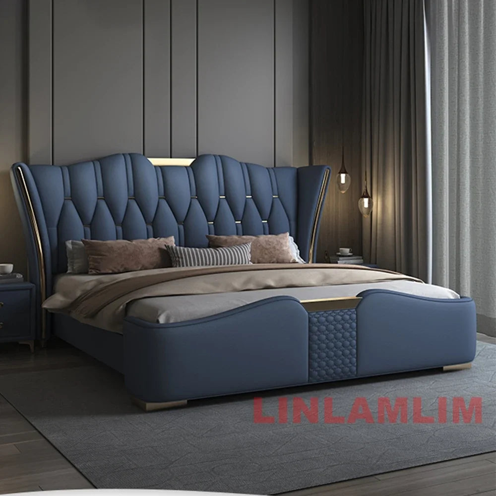 MINGDIBAO Luxuriöses, modernes Polsterbettgestell mit Goldakzenten, Designer-Bett aus echtem Leder, Schlafzimmermöbel in Queen-/King-Size