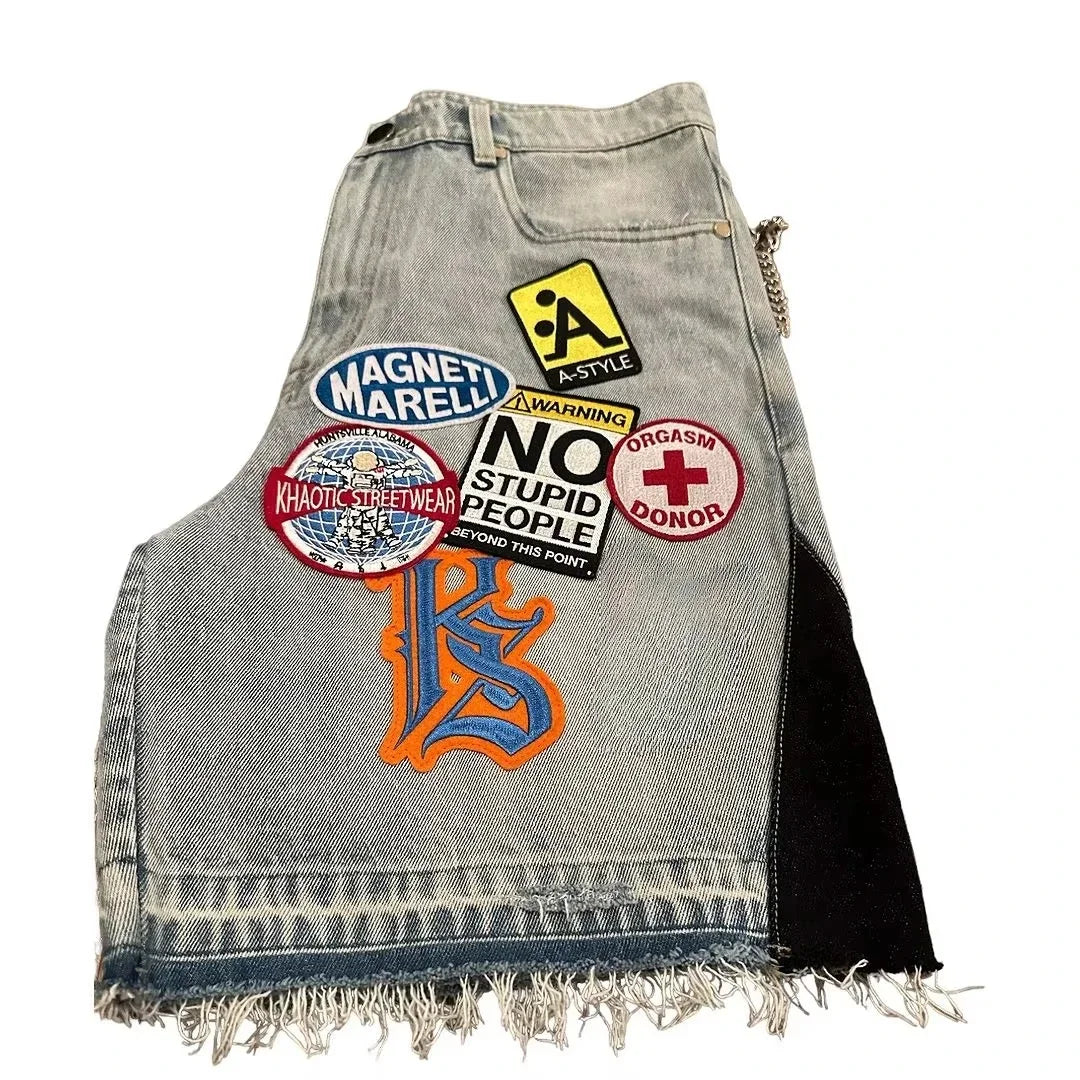 Retro Blaue Streetwear Patchwork Denim Shorts Y2K Jeans Herren Damen Hip Hop Cartoon Grafiken Lose Camo Denim Fitness Freizeit Shorts