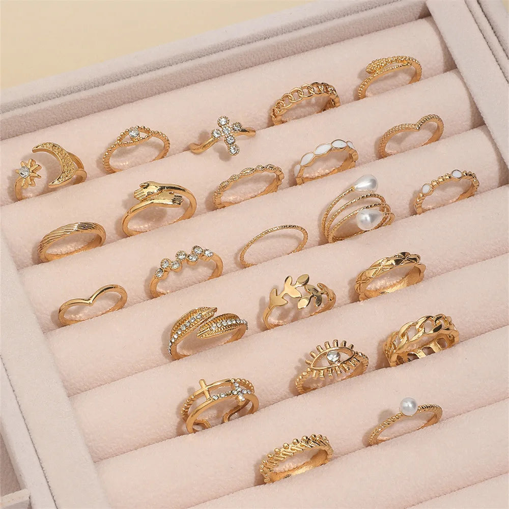 Silver Color Geometric Knuckle Rings Set For Women Eye Cross Sun And Moon Leaf Charm Finger Ring Female Boho Party Jewelry