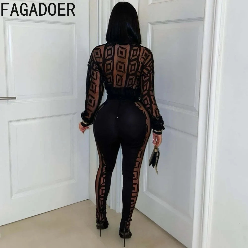 FAGADOER Sexy Mesh Damen 2-teiliges Set Outfit Durchsichtiges Langarm Crop Top + Skinny Hose Anzüge Weibliche Streetwear Kleidung Neu