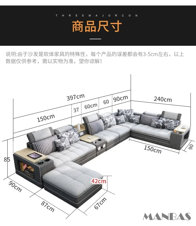 MINGDIBAO Nordische Stoff-Sofagarnitur mit Bluetooth-Lautsprecher & USB – Modernes Modulares Wohnzimmer-Sofa, Großes U-förmiges Ecksofa aus Stoff