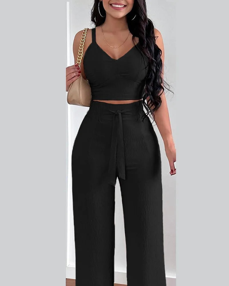 Women Fashion Print Halter V-Neck Short Tank Suit Tops Long Pants Matching Set Summer Casual Female Slim Pants Two Piece Sets