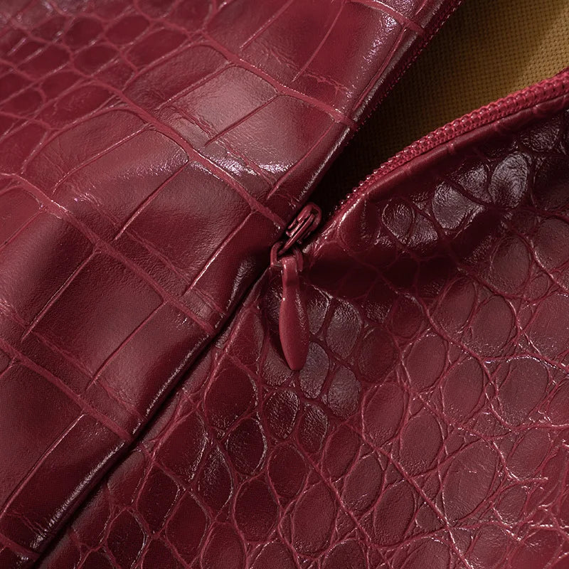 Luxuriöses trägerloses Leder-Kurzkleid Damen ärmellos rückenfrei Sexy Krokodilleder-Muster Partykleider 2025 Abend Rot Braun