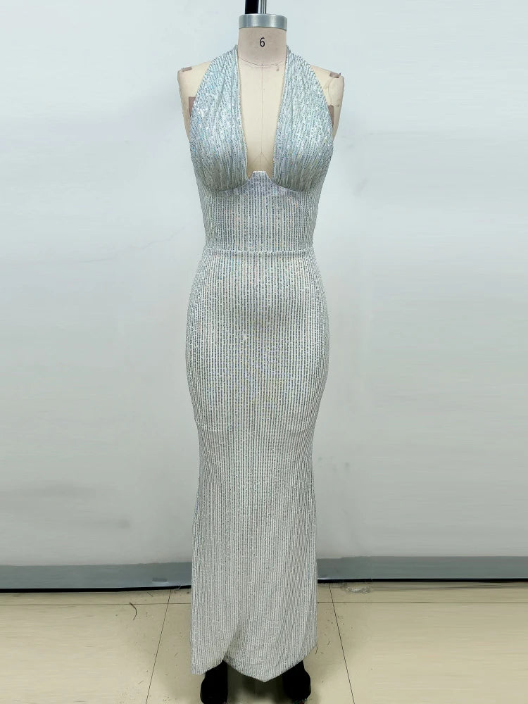Sexy Neckholder Maxikleid mit tiefem V-Ausschnitt, Pailletten, Damen, Grün, Ärmellos, Rückenfrei, Pailletten, Schlankes langes Kleid, Celebrity Partykleider