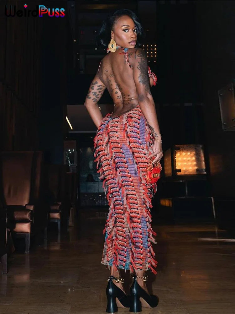 Weird Puss Sexy Hollow Dress Damen Strick Buntes Quasten Backless Y2k Sommer Trend Stretch Ärmellos Elastisch Bodycon Clubwear