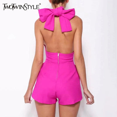 TWOTWINSTYLE Solid Office Playsuit for Women Halter Sleeveless High Waist Patchwork Bandage Backless Playsuits Female Fashion