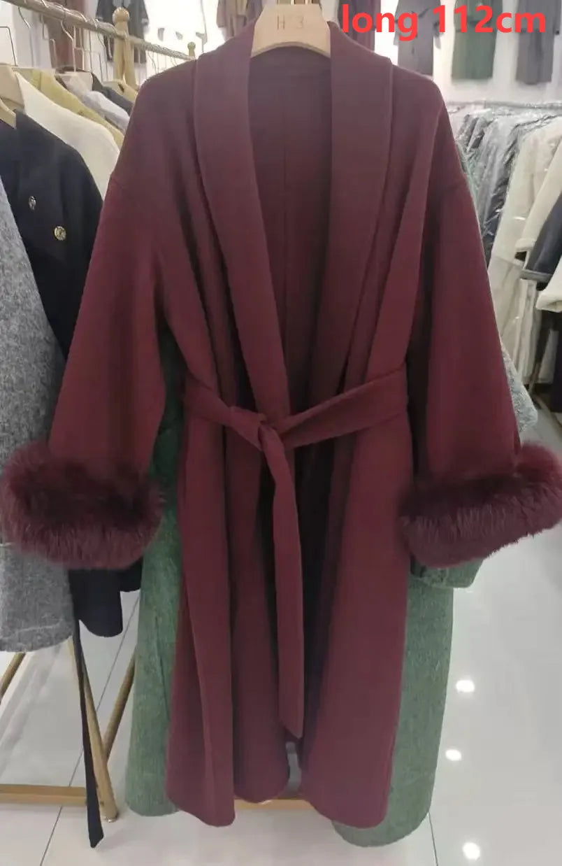 UCXQ Elegant OL Office Lady Overcoats Fur Patchwork Long Sleeve Woolen Coat Beautiful Women's Clothing Jacket Autumn 2025 Winter