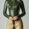 Women's Elegant Color Block PU Leather Dress High Neck Zipper Long Sleeve Slim Fit Bodycon Mini Dress For Female Party Dresses