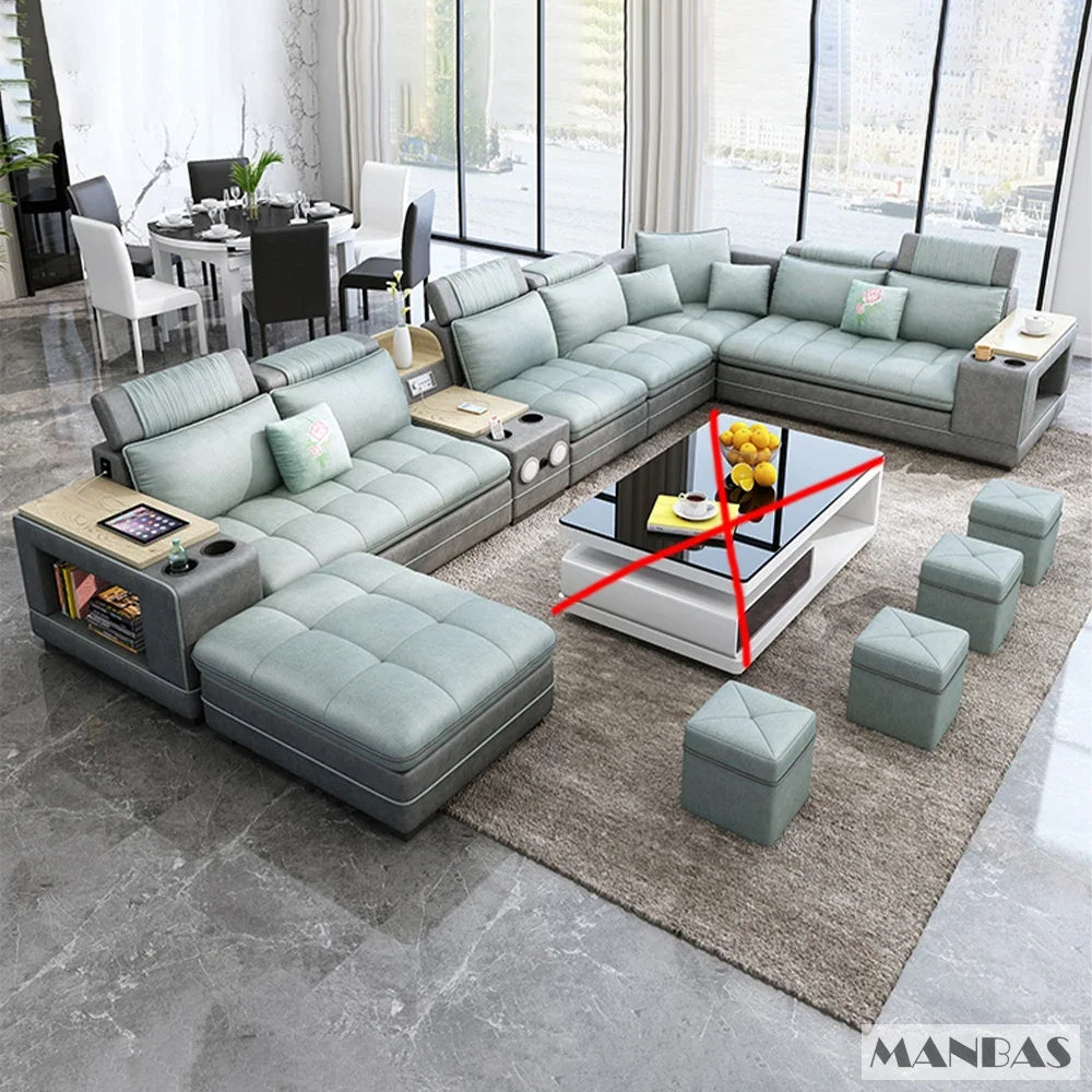 MINGDIBAO Nordische Stoff-Sofagarnitur mit Bluetooth-Lautsprecher & USB – Modernes Modulares Wohnzimmer-Sofa, Großes U-förmiges Ecksofa aus Stoff