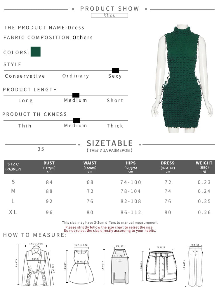 Kliou Stunning Stacked Mini Dress Women Sexy Solid Mock Neck Sleeveless Draw String Bodycon Party Clubwear Elegant Female Skirt