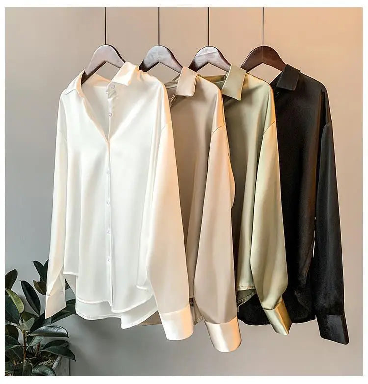 1pcs Woman Spring Autumn Satin Shirt Lady Long Sleeve Lapel Blouses Cardigans Elegance Sweet Casual Coats Girl Sunscreen Top