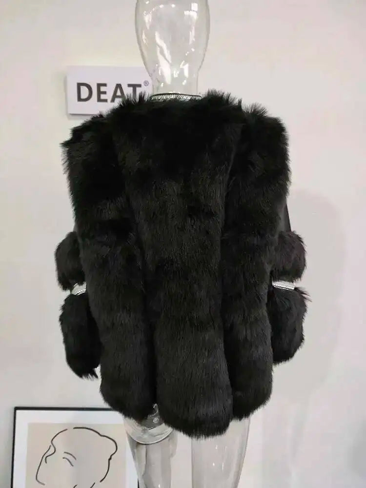 DEAT Fashion Temperament Thickened Fur Coat Cardigan Women Top-Quality Leather Patchwork Long Sleeve Jacket 2024 Winter 11SX023