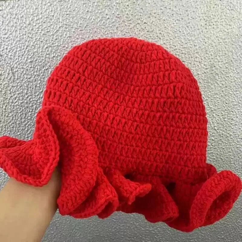 Handgestrickte Mütze mit plissierten Rüschenkanten und Spitze für Damen und Herren, originelle und kreative Mütze für Erwachsene