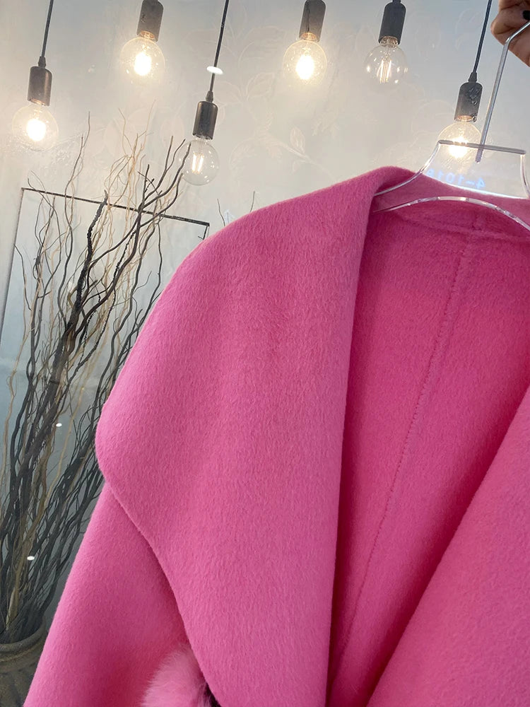 2024 New Winter Real Natural Fox Fur Pocket Coat Ladies Outwear Female Coat Cashmere Wool Woolen Women Luxury Jacket