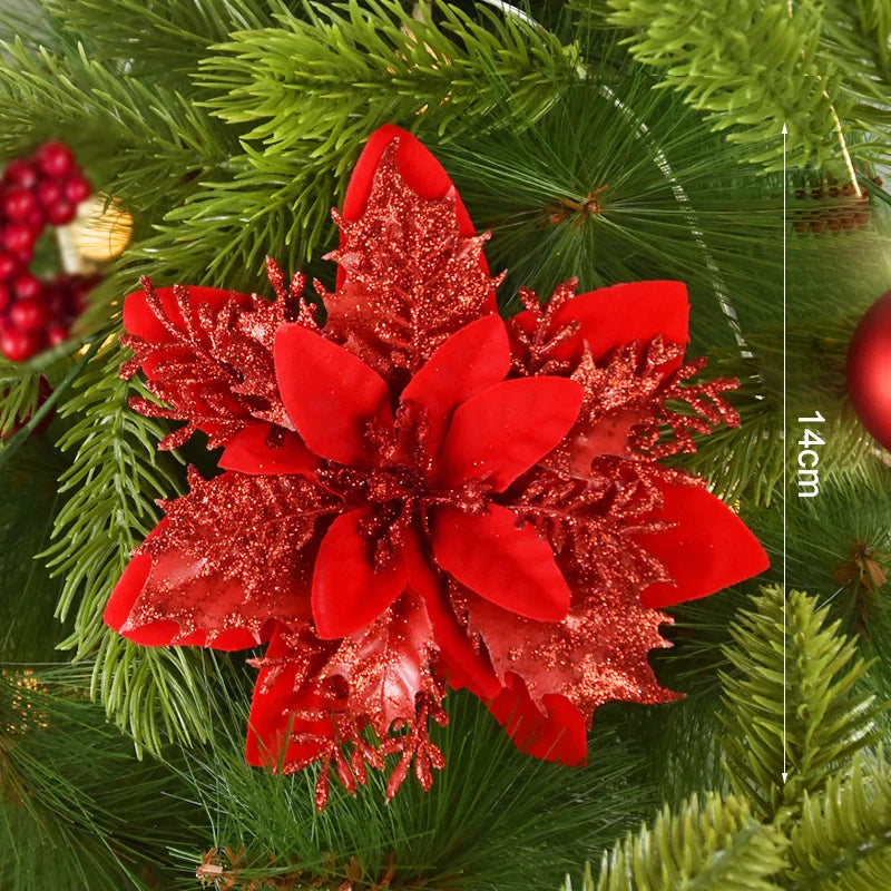 3/10Stück 14cm Weihnachtsblumen Glitzer Rot Gold Blütenkopf Weihnachtsbaumschmuck Neujahrsdekorationen für Zuhause Navidad Noel Geschenke