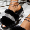 Women Fur Rhinestone Slippers Platform Wedges Without Heel Fluffy Furry Slides Flat Flip Flops Shoes Ladies Shiny Bling