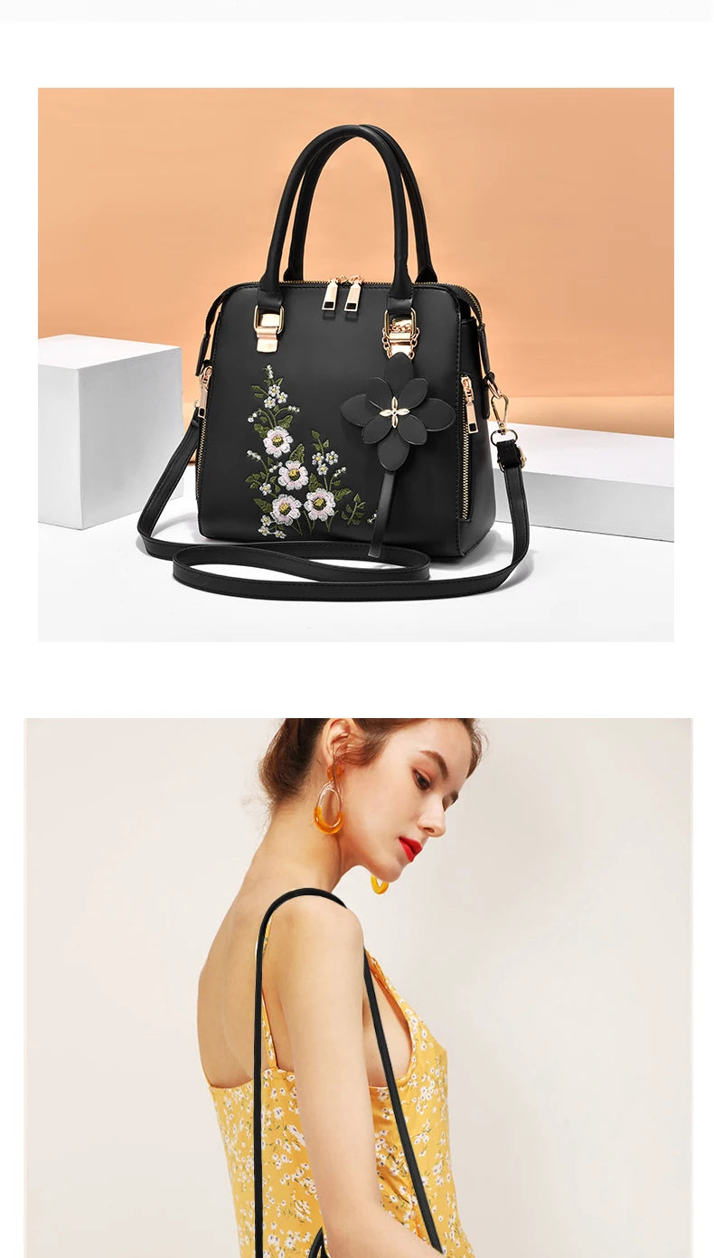 Floral Detail Shoulder Bag, Trendy Zipper Handbag For Work, Casual Crossbody Bag, Women's Floral Decor Purse