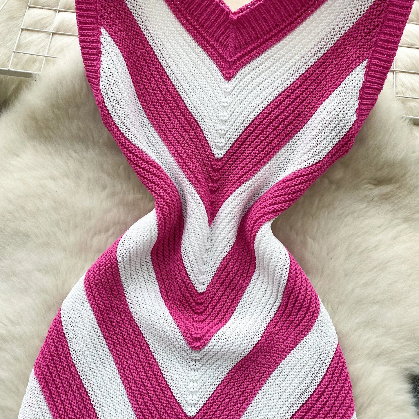 Joskaa 2025 Women's Striped Patchwork Knitted V-Neck Sleeveless Bodycon Asymmetric Fringe Hem Dress Holiday Beach Streetwear