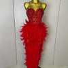 Stock 2025 Women Sexy Sparkly Rhinestone Mesh Feather Long Dress Elegant Evening Party Celebrate Birthday Performance Costume