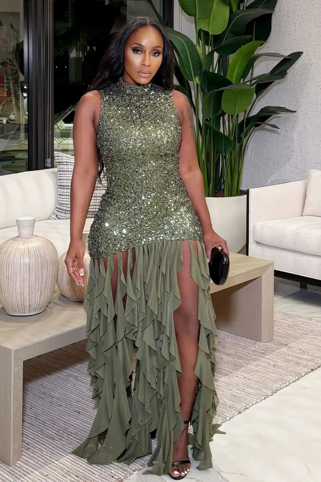 HLJ Sexy Sequin Patchwork Bodycon Dresses for Woman Mesh Shining Sleeveless Ruffle Dress Female Party Clubwear Vestidos 2025 New