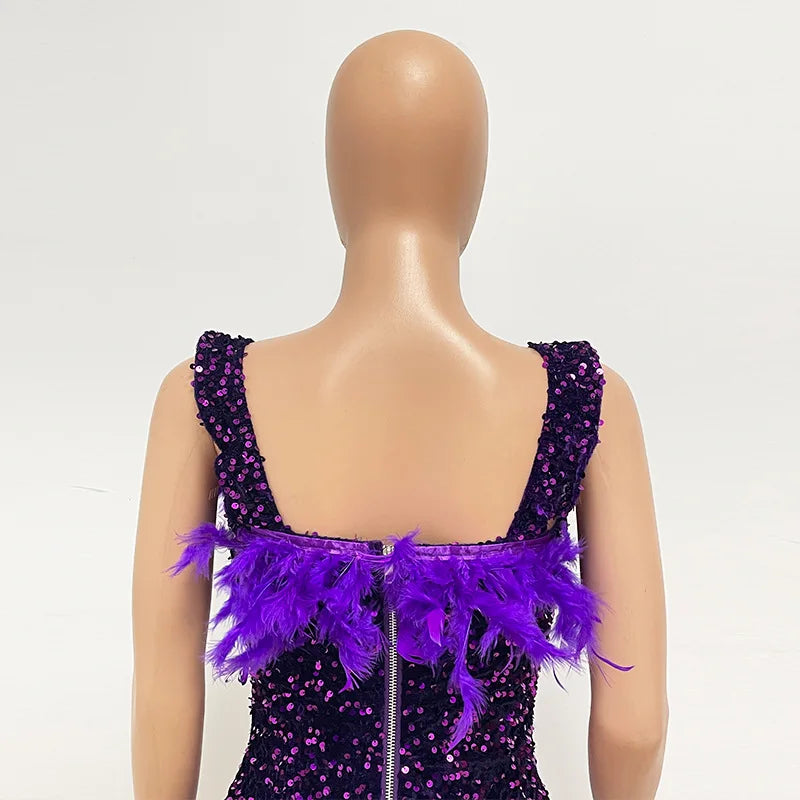 Damen Partykleid Ärmellos Glänzende Pailletten Feder Abendkleid Sexy schulterfrei rückenfrei Mini Formelle Ballkleider HXY8